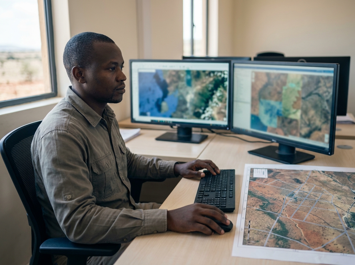 A technical analyst at a dual-monitor workstation reviewing satellite imagery layers beside a printed rangeland map.